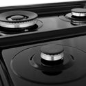 Black porcelain cooktop and sealed burners without grates.