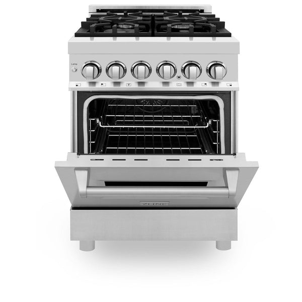 ZLINE 24 in. Professional Dual Fuel Range in Stainless Steel (RA24) front, oven door half open.