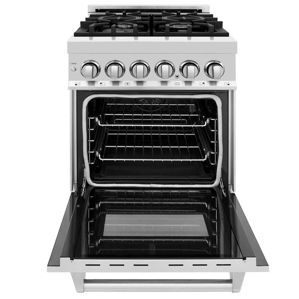 ZLINE 24 in. Professional Dual Fuel Range in Stainless Steel (RA24) front, oven open.