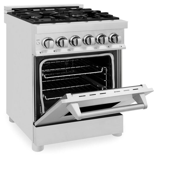 ZLINE 24 in. Professional Dual Fuel Range in Stainless Steel (RA24) side, oven door half open.