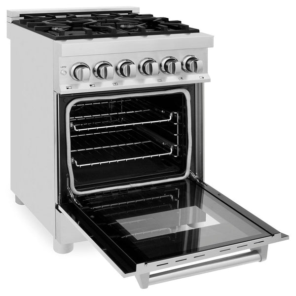 ZLINE 24 in. Professional Dual Fuel Range in Stainless Steel (RA24) side, oven open.