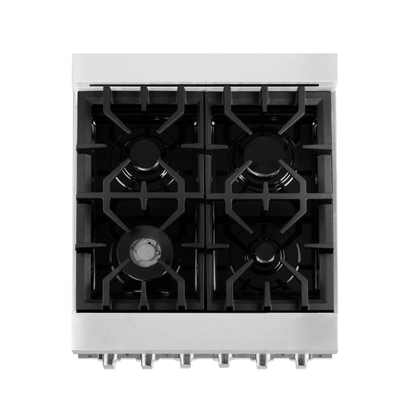 ZLINE 24 in. Professional Dual Fuel Range in Stainless Steel (RA24) from above showing cooktop with gas burners and cast-iron grates.