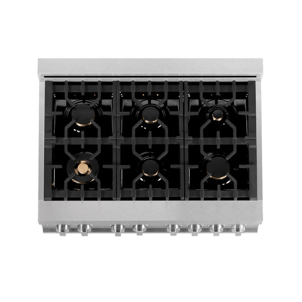 ZLINE 36" Dual Fuel Range top-down view of 6-burner gas cooktop.