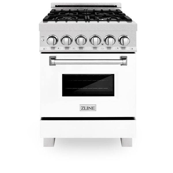 ZLINE 24 in. 2.8 cu. ft. Legacy Dual Fuel Range with 4 Burner Gas Cooktop and Electric Convection Oven in Satin Stainless Steel with White Matte Door and Griddle (RAS-WM-GR-24)