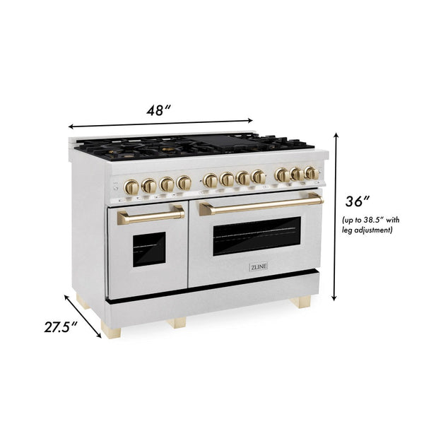ZLINE Autograph Edition 48 in. 6.0 cu. ft. Dual Fuel Range with Gas Stove and Electric Oven in DuraSnow® Stainless Steel with Polished Gold Accents (RASZ-SN-48-G) dimensional diagram with measurements.