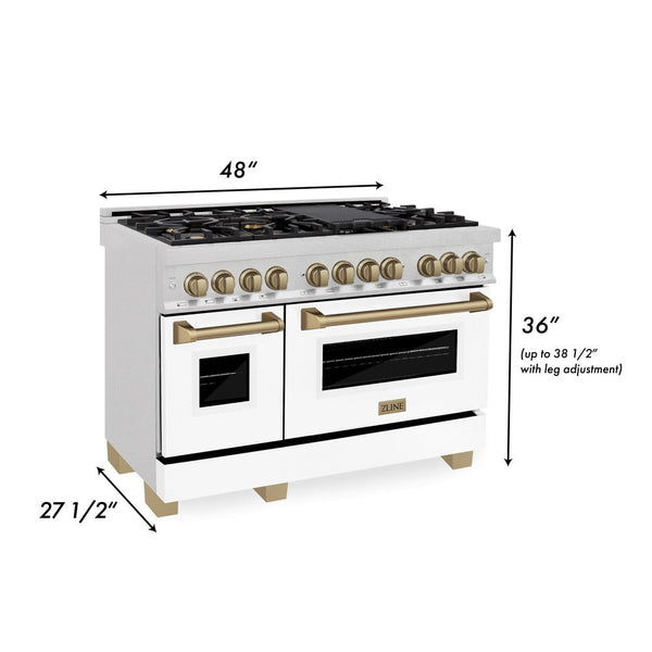 ZLINE Autograph Edition 48 in. 6.0 cu. ft. Dual Fuel Range with Gas Stove and Electric Oven in DuraSnow® Stainless Steel with White Matte Doors and Champagne Bronze Accents (RASZ-WM-48-CB) dimensional diagram with measurements.