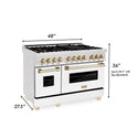 ZLINE Autograph Edition 48 in. 6.0 cu. ft. Dual Fuel Range with Gas Stove and Electric Oven in DuraSnow® Stainless Steel with White Matte Doors and Polished Gold Accents (RASZ-WM-48-G) dimensional diagram with measurements.