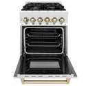 ZLINE Autograph Edition 24 in. 2.8 cu. ft. Dual Fuel Range with Gas Stove and Electric Oven in Stainless Steel with Polished Gold Accents (RAZ-24-G) front, oven open.