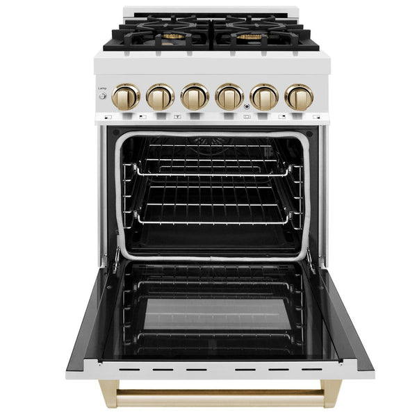 ZLINE Autograph Edition 24 in. 2.8 cu. ft. Dual Fuel Range with Gas Stove and Electric Oven in Stainless Steel with Polished Gold Accents (RAZ-24-G) front, oven open.