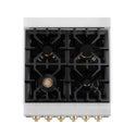 ZLINE Autograph Edition 24 in. 2.8 cu. ft. Dual Fuel Range with Gas Stove and Electric Oven in Stainless Steel with Polished Gold Accents (RAZ-24-G) from above showing cooktop with gas burners and cast-iron grates.