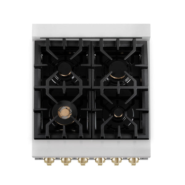 ZLINE Autograph Edition 24 in. 2.8 cu. ft. Dual Fuel Range with Gas Stove and Electric Oven in Stainless Steel with Polished Gold Accents (RAZ-24-G) from above showing cooktop with gas burners and cast-iron grates.