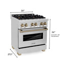 ZLINE Autograph Edition 30 in. Range with Champagne Bronze accents dimensional graphic with measurements.