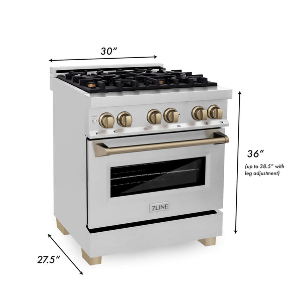 ZLINE Autograph Edition 30 in. Range with Champagne Bronze accents dimensional graphic with measurements.