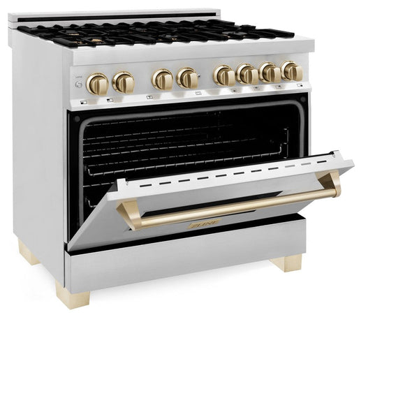 ZLINE Autograph Edition 36 in. Kitchen Package with Stainless Steel Dual Fuel Range, Range Hood, Dishwasher and Refrigeration with Polished Gold Accents (4KAPR-RARHDWM36-G) 