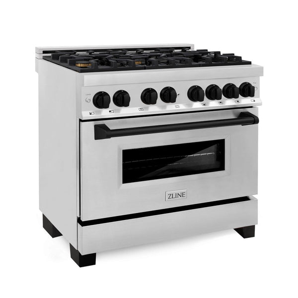 ZLINE Autograph Edition 36 in. Kitchen Package with Stainless Steel Dual Fuel Range, Range Hood, Dishwasher and Refrigerator with Matte Black Accents (4KAPR-RARHDWM36-MB) 