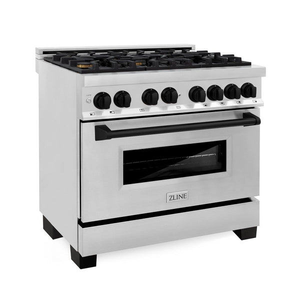 ZLINE Autograph Edition 36 in. Kitchen Package with Stainless Steel Dual Fuel Range, Range Hood, Dishwasher and Refrigeration Including External Water Dispenser with Matte Black Accents (4AKPR-RARHDWM36-MB) 