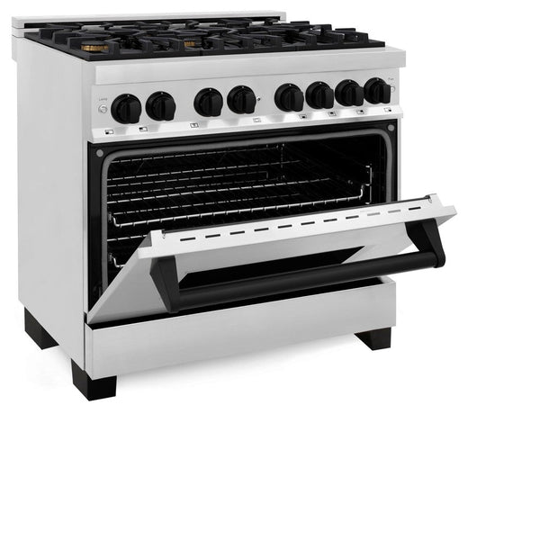 ZLINE Autograph Edition 36 in. Kitchen Package with Stainless Steel Dual Fuel Range, Range Hood, Dishwasher and Refrigeration Including External Water Dispenser with Matte Black Accents (4AKPR-RARHDWM36-MB) 