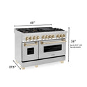 ZLINE Autograph Edition 48 in. Kitchen Package with Stainless Steel Dual Fuel Range, Range Hood, Dishwasher and Refrigeration Including External Water Dispenser with Polished Gold Accents (4AKPR-RARHDWM48-G) dimensional diagram with measurements.