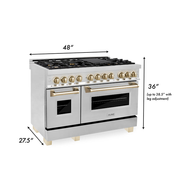 ZLINE Autograph Edition 48 in. Kitchen Package with Stainless Steel Dual Fuel Range, Range Hood, Dishwasher and Refrigeration Including External Water Dispenser with Polished Gold Accents (4AKPR-RARHDWM48-G) dimensional diagram with measurements.