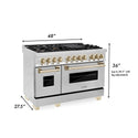 ZLINE Autograph Edition 48 in. 6.0 cu. ft. Dual Fuel Range with Gas Stove and Electric Oven in Stainless Steel with Polished Gold Accents (RAZ-48-G) dimensional diagram with measurements.