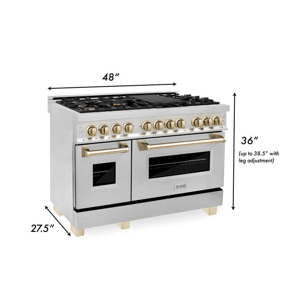 ZLINE Autograph Edition 48 in. 6.0 cu. ft. Dual Fuel Range with Gas Stove and Electric Oven in Stainless Steel with Polished Gold Accents (RAZ-48-G) dimensional diagram with measurements.