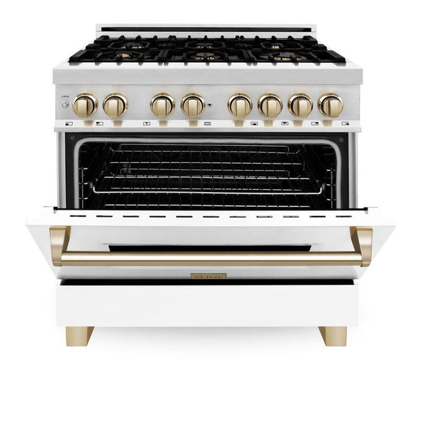 ZLINE Autograph Edition 36 in. 4.6 cu. ft. Dual Fuel Range with Gas Stove and Electric Oven in Stainless Steel with White Matte Door and Polished Gold Accents (RAZ-WM-36-G) front, oven door half open.