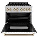 ZLINE Autograph Edition 36 in. 4.6 cu. ft. Dual Fuel Range with Gas Stove and Electric Oven in Stainless Steel with White Matte Door and Polished Gold Accents (RAZ-WM-36-G) front, oven open.
