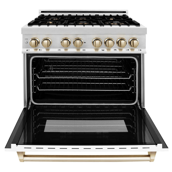 ZLINE Autograph Edition 36 in. 4.6 cu. ft. Dual Fuel Range with Gas Stove and Electric Oven in Stainless Steel with White Matte Door and Polished Gold Accents (RAZ-WM-36-G) front, oven open.