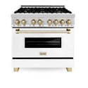 ZLINE Autograph Edition 36 in. 4.6 cu. ft. Dual Fuel Range with Gas Stove and Electric Oven in Stainless Steel with White Matte Door and Polished Gold Accents (RAZ-WM-36-G) front, oven closed.