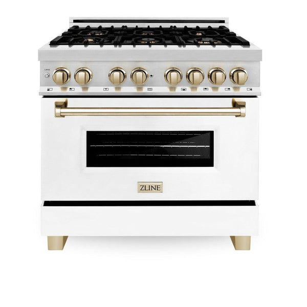 ZLINE Autograph Edition 36 in. 4.6 cu. ft. Dual Fuel Range with Gas Stove and Electric Oven in Stainless Steel with White Matte Door and Polished Gold Accents (RAZ-WM-36-G) front, oven closed.