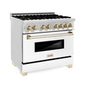 ZLINE Autograph Edition 36 in. 4.6 cu. ft. Dual Fuel Range with Gas Stove and Electric Oven in Stainless Steel with White Matte Door and Polished Gold Accents (RAZ-WM-36-G) side, oven closed.