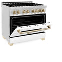 ZLINE Autograph Edition 36 in. 4.6 cu. ft. Dual Fuel Range with Gas Stove and Electric Oven in Stainless Steel with White Matte Door and Polished Gold Accents (RAZ-WM-36-G) side, oven door half open.