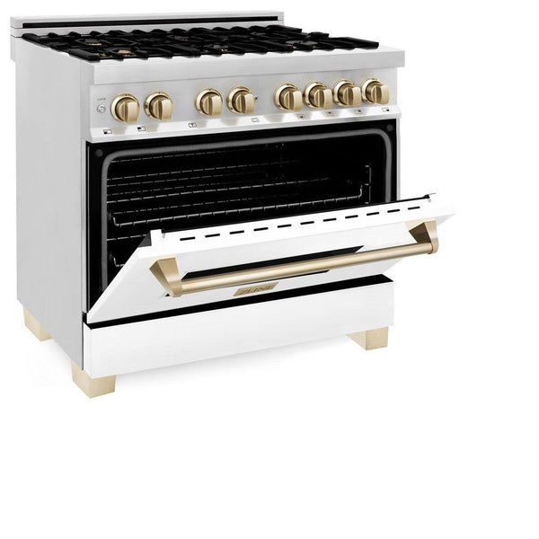 ZLINE Autograph Edition 36 in. 4.6 cu. ft. Dual Fuel Range with Gas Stove and Electric Oven in Stainless Steel with White Matte Door and Polished Gold Accents (RAZ-WM-36-G) side, oven door half open.