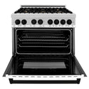 ZLINE Autograph Edition 36 in. 4.6 cu. ft. Dual Fuel Range with Gas Stove and Electric Oven in Stainless Steel with White Matte Door and Matte Black Accents (RAZ-WM-36-MB) front, oven open.
