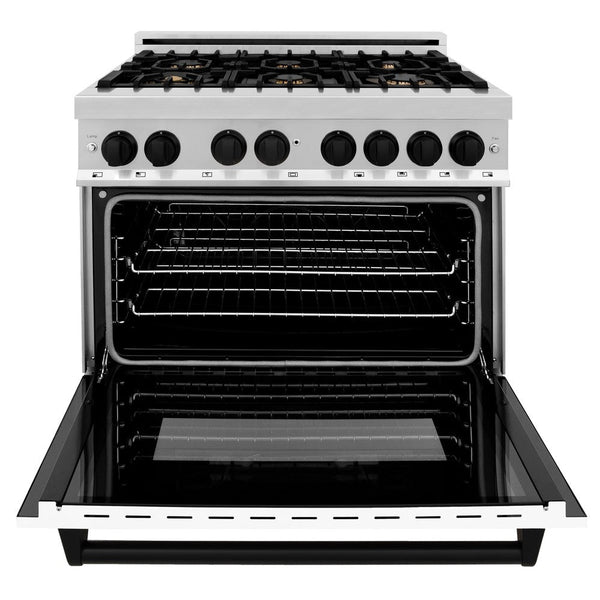 ZLINE Autograph Edition 36 in. 4.6 cu. ft. Dual Fuel Range with Gas Stove and Electric Oven in Stainless Steel with White Matte Door and Matte Black Accents (RAZ-WM-36-MB) front, oven open.