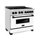 ZLINE Autograph Edition 36 in. 4.6 cu. ft. Dual Fuel Range with Gas Stove and Electric Oven in Stainless Steel with White Matte Door and Matte Black Accents (RAZ-WM-36-MB) side, oven closed.