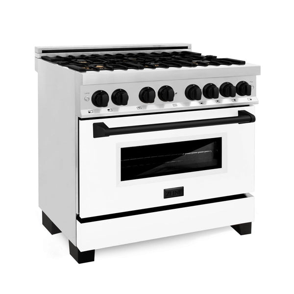 ZLINE Autograph Edition 36 in. 4.6 cu. ft. Dual Fuel Range with Gas Stove and Electric Oven in Stainless Steel with White Matte Door and Matte Black Accents (RAZ-WM-36-MB) side, oven closed.
