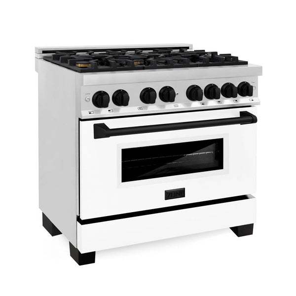 ZLINE Autograph Edition 36 in. 4.6 cu. ft. Dual Fuel Range with Gas Stove and Electric Oven in Stainless Steel with White Matte Door and Matte Black Accents (RAZ-WM-36-MB) side, oven closed.