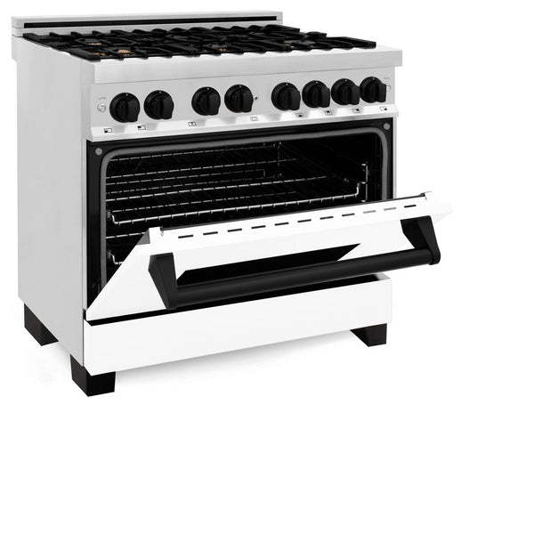 ZLINE Autograph Edition 36 in. 4.6 cu. ft. Dual Fuel Range with Gas Stove and Electric Oven in Stainless Steel with White Matte Door and Matte Black Accents (RAZ-WM-36-MB) side, oven door half open.