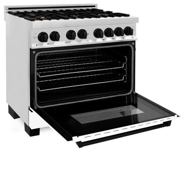 ZLINE Autograph Edition 36 in. 4.6 cu. ft. Dual Fuel Range with Gas Stove and Electric Oven in Stainless Steel with White Matte Door and Matte Black Accents (RAZ-WM-36-MB) side, oven open.