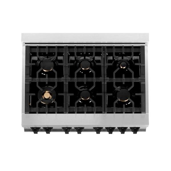 ZLINE Autograph Edition 36 in. 4.6 cu. ft. Dual Fuel Range with Gas Stove and Electric Oven in Stainless Steel with White Matte Door and Matte Black Accents (RAZ-WM-36-MB) from above showing cooktop with gas burners and cast-iron grates.