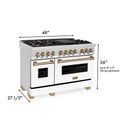 ZLINE Autograph Edition 48 in. 6.0 cu. ft. Dual Fuel Range with Gas Stove and Electric Oven in Stainless Steel with White Matte Doors and Champagne Bronze Accents (RAZ-WM-48-CB) dimensional diagram with measurements.