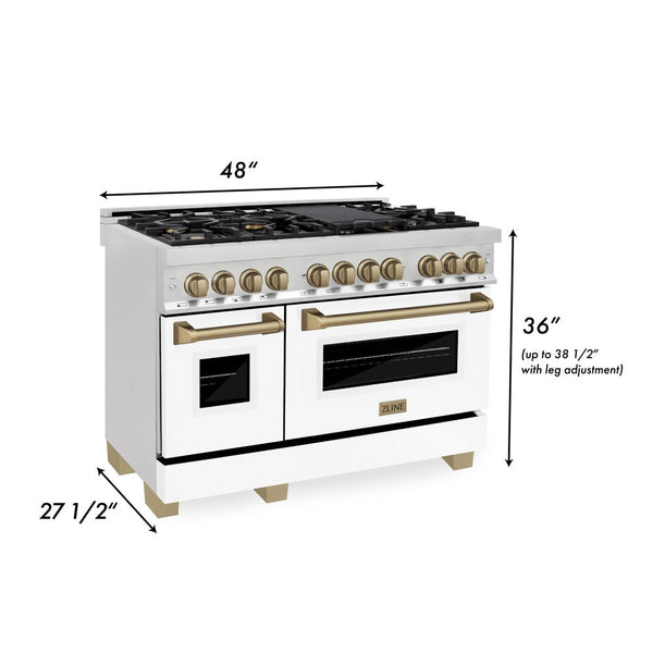 ZLINE Autograph Edition 48 in. 6.0 cu. ft. Dual Fuel Range with Gas Stove and Electric Oven in Stainless Steel with White Matte Doors and Champagne Bronze Accents (RAZ-WM-48-CB) dimensional diagram with measurements.