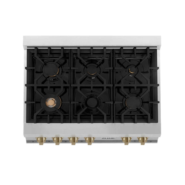 ZLINE Autograph Edition 36 in. Porcelain Rangetop with 6 Gas Burners in Stainless Steel with Champagne Bronze Accents (RTZ-36-CB) from above showing gas burners and cast-iron grates.