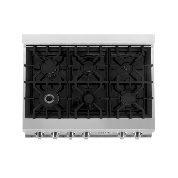 ZLINE 36 in. Stainless Steel Gas Rangetop with 6 Gas Burners (RT36) from above showing gas burners and cast-iron grates.
