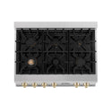 ZLINE Autograph Edition 36 in. Porcelain Rangetop with 6 Gas Burners in DuraSnow® Stainless Steel with Polished Gold Accents (RTSZ-36-G) from above showing gas burners and cast-iron grates.