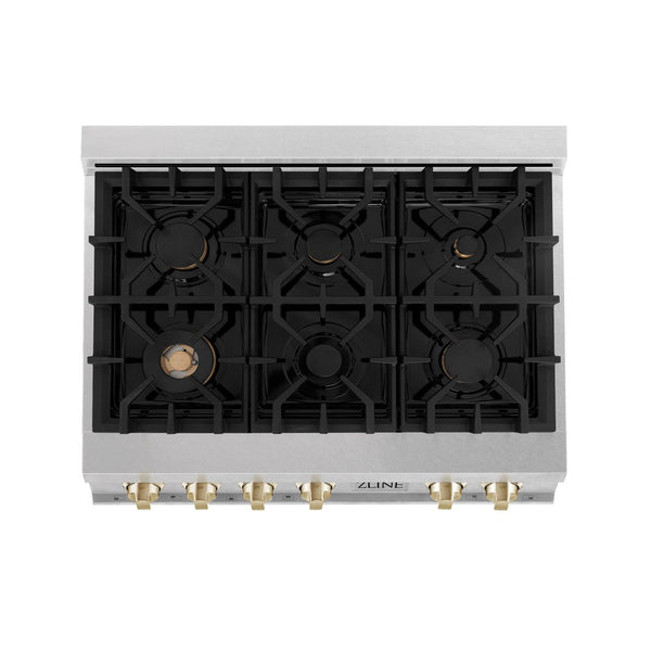 ZLINE Autograph Edition 36 in. Porcelain Rangetop with 6 Gas Burners in DuraSnow® Stainless Steel with Polished Gold Accents (RTSZ-36-G) from above showing gas burners and cast-iron grates.