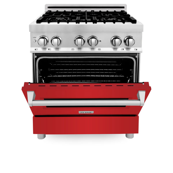 ZLINE 30 in. 4.0 cu. ft. Legacy Dual Fuel Range with 4 Burner Gas Cooktop and Electric Convection Oven in Stainless Steel and Red Matte Door (RA-RM-30)