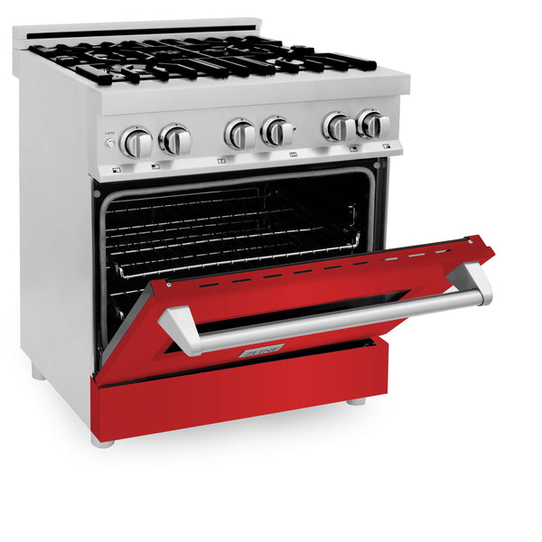 ZLINE 30 in. 4.0 cu. ft. Legacy Dual Fuel Range with 4 Burner Gas Cooktop and Electric Convection Oven in Stainless Steel and Red Matte Door (RA-RM-30)