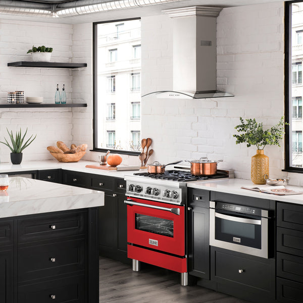 ZLINE 30 in. 4.0 cu. ft. Legacy Dual Fuel Range with 4 Burner Gas Cooktop and Electric Convection Oven in Stainless Steel and Red Matte Door (RA-RM-30)